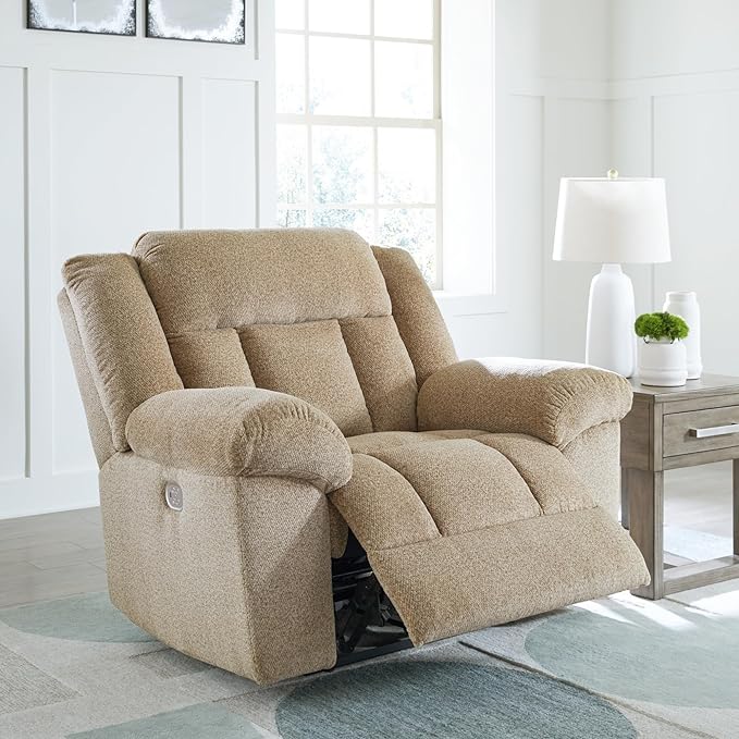 Signature Design by Ashley Tip-Off Classic Wall Hugger Power Recliner with Adjustable Headrest and USB Ports, Light Brown