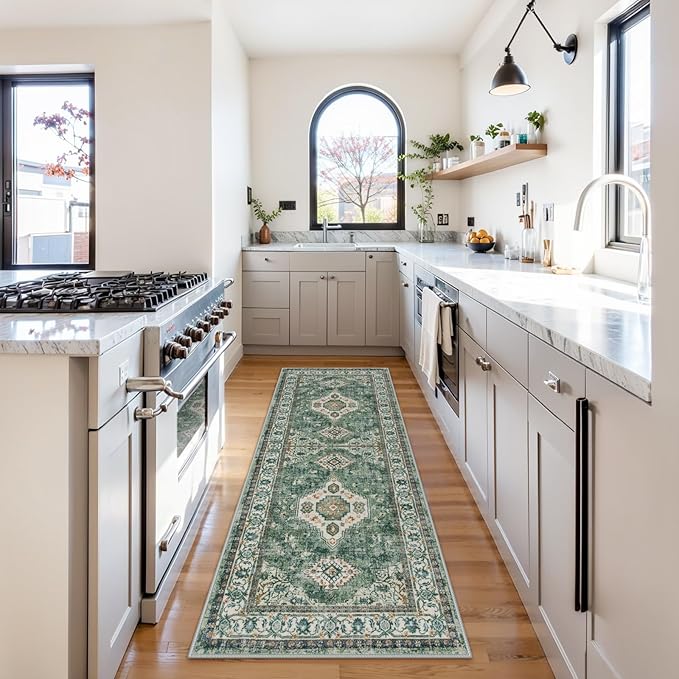 Lahome Oriental Washable Hallway Runner Rug, 2x6 Runners for Hallways Non Slip Ultra-Thin, Vintage Soft Long Carpet for Kitchen Bathroom Bedroom Laundry Room, Green/Multi