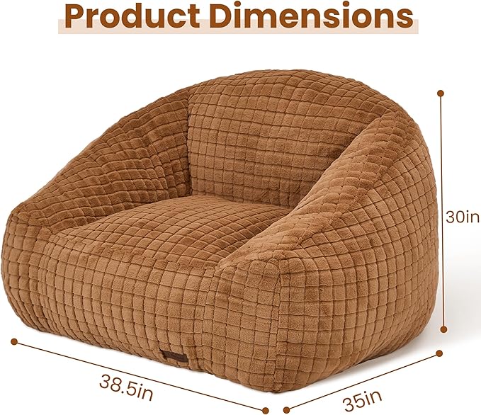 Bean Bag Chairs for Adults, Giant Beanbag Sofa Comfy Reading Chair, Oversized Bean Bag Chairs for Living Room Bedroom, Soft Faux Fur Fabric, 3.2FT, Khaki, Checkered