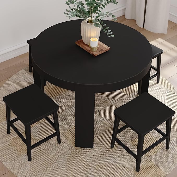 Plank+Beam Smythe Dining Stool, 18" Vanity Stools, Set of 2, Sturdy Wood Modern Kitchen Stool, Saddle Seat Backless Chair, Metal Footrest, Black