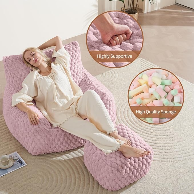 Bean Bag Chair with Ottoman - Modern Comfy Beanbag Sofa with Footrest, Soft Faux Fur Lounger Chair for Adults Teens, Cozy Memory Foam Filled Gaming Reading Chairs for Bedroom, Living Room (Dusty Pink)