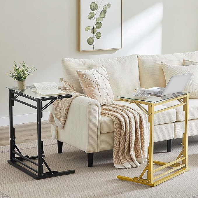 Tatub 24" Folding C Shaped End Table, Small Tempered Glass Side Table for Couch or Bed, Foldable TV Tray Laptop Desk with Black Metal Frame
