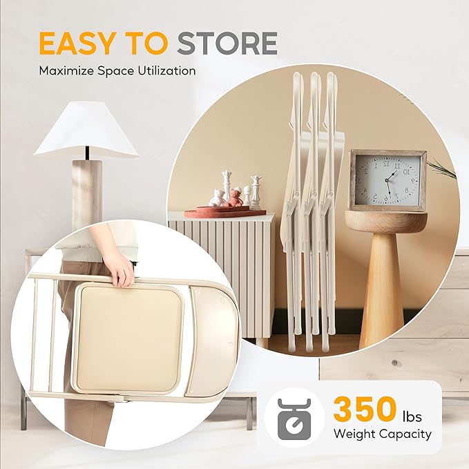 HealSmart 4 Pcs Folding Chairs with Leather Padded Cushion Seats, Back & Sturdy Metal Frame, Stackable, Portable, Commercial Event Seat, Indoor Outdoor for Parties, Home Event, Office, Tan