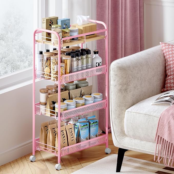 KINGRACK 4-Tier Wide Metal Rolling Storage Cart, Utility Cart with Wooden Tabletop for Laundry, Bathroom, Kitchen, Apartments, Dormitory (Pure Pink, Wide)