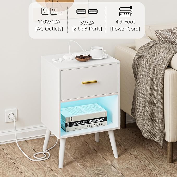 Nightstand with Charging Station and LED Lights, Small Side Table, Bedside Table with Drawer, Modern Night Stand, End Table for Bedroom, Living Room (White)