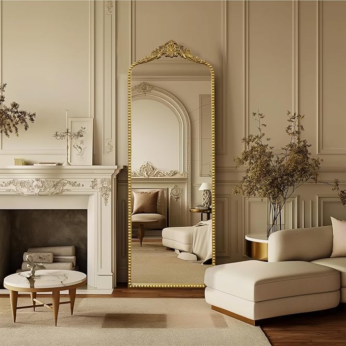 G-LEAF Vintage Baroque Full Length Floor Mirror 22"X65", Victorian Antique Mirror with Brush Gold Ornate Metal Frame for Fireplace Entryway Living Room Hallway Bathroom