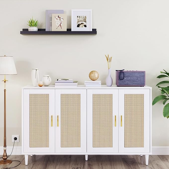 Buffet Sideboard,Kitchen Storage Cabinet with 4 Rattan Decorated Doors,Coffee Bar Cabinet with Adjustable Shelves for Living Room,Hallway,White