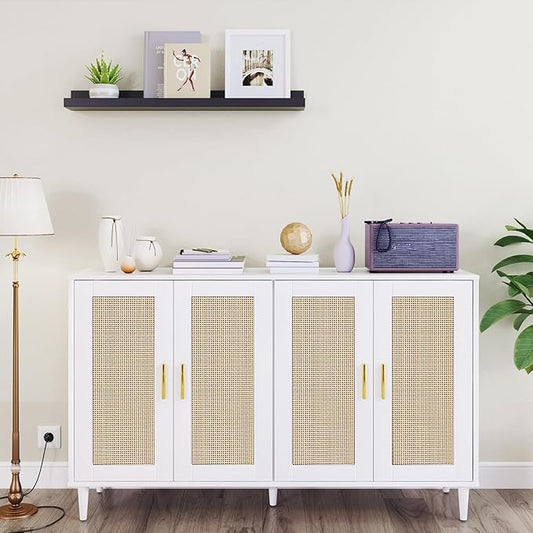 Buffet Sideboard,Kitchen Storage Cabinet with 4 Rattan Decorated Doors,Coffee Bar Cabinet with Adjustable Shelves for Living Room,Hallway,White