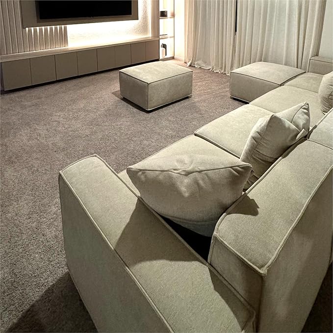 Acanva Luxury Modular Sectional Living Room Sofa Set, Modern Minimalist Style Couch with Ottoman and Chaise, U-Shape, Linen-Like Cream