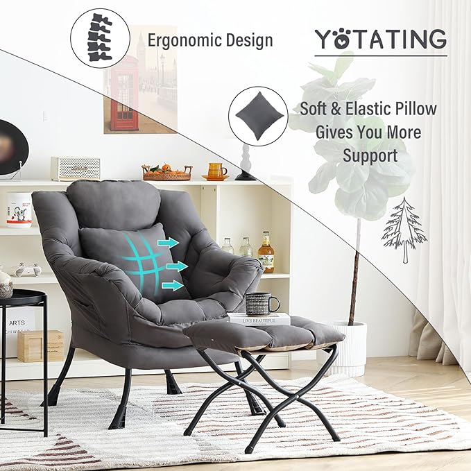 Lazy Chair with Ottoman, Comfy Reading Lounge Chair with Footstool & Throw Pillow Modern with Armrests & Side Pocket for Living Room, Bedroom, Dorm Room, Dark Grey