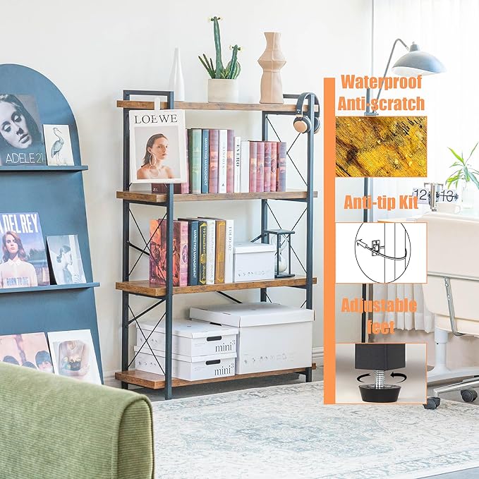 Bookshelf, 4 Tier Bookshelf, Tall Bookcase for Living Room, Home Office and Kitchen