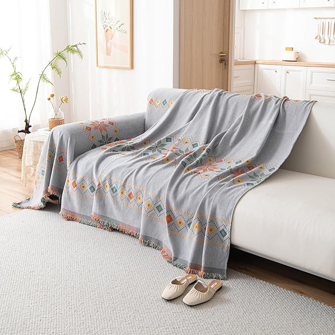 STACYPIK Boho Gray Jacquard Couch Cover, Sofa Cover for Dogs Washable, Non Slip Couch Cover for Sectional, Furniture Protector for 3 Cushion Couch, Multi-use Sofa Slipcover Pet-Friendly-71X150IN