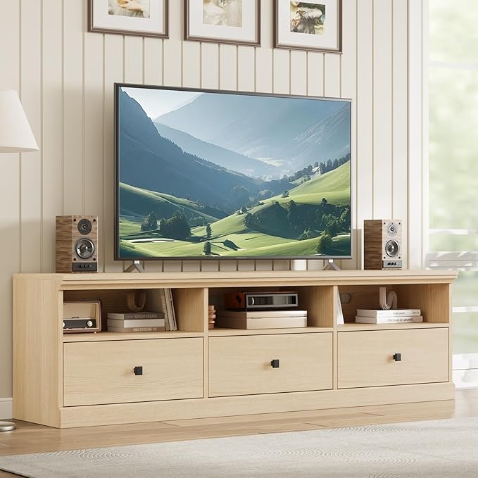 GarveeHome TV Stand for 65/70/75 Inch TV, Entertainment Center with Storage Drawer, Mid-Century Modern TV Console with Open Shelves, 70in Media TV Cabinet for Living Room, Bedroom, Light Oak