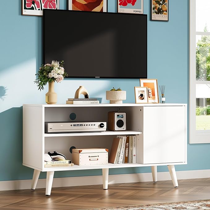 WLIVE TV Stand for 43 Inch TV, Small Entertainment Center with Storage Cabinet & Adjustable Shelves, Mid-Century Modern TV Stands for Living Room and Bedroom, TV Console Suit 32 Inch TV, White