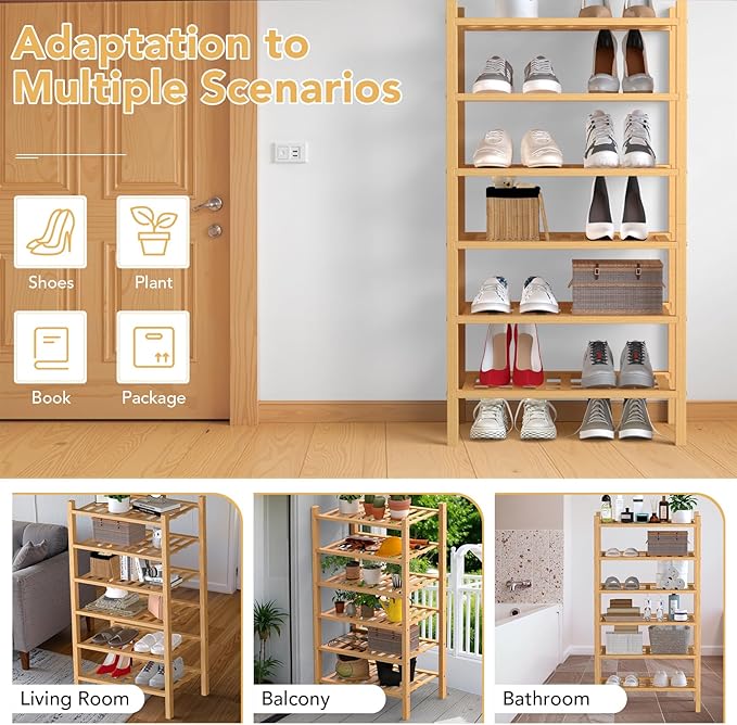 Haddockway small 6 Tier Bamboo Shoe Rack Storage Organizer,Multifunctional Free Standing Stackable Shoe Shelf with Grid Panel for Closet,Hallway,Entryway,Small Space 18"x11"x34"(Natural, 6-Tier Small)