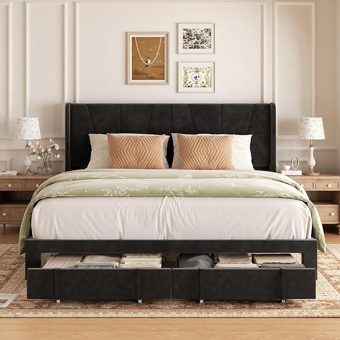 King Bed Frame with Storage Drawers, Upholstered Platform Bed with Headboard and Wingboard, No Box Spring Needed, NO Noise, Easy Assembly, Wooden Support Slats, Black
