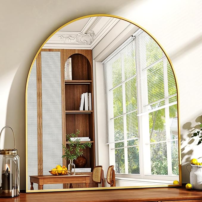 31"x32" Arched Wall Mirror for Bathroom, Gold Vanity Mirror for Bedroom, Living Room, Entryway, Decorative Hanging Mirror for Wall