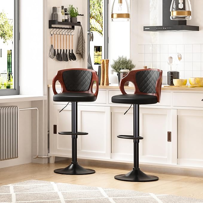 VECELO BarStools Set of 2,Counter Height Stools with Bentwood Back&Arm, Swivel Barstools,PU Leather Kitchen Island Stools, Adjustable Height Bar Chairs for Club Pub Dining Room,Black