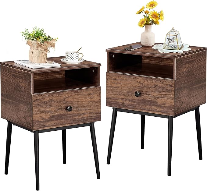 VECELO Modern Nightstands Set of 2,Square End Side Table with Drawer and Storage Space for Bedroom and Living Room