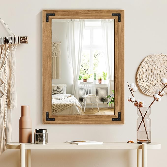 Bathroom Mirror for Wall with Wooden Frame, 20"x28" Solid Wood Vanity Mirror for Farmhouse, Bathroom, Bedroom, Vertical or Horizontal Hanging