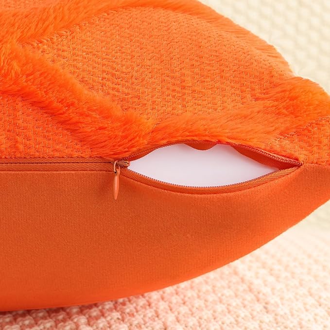 decorUhome Fall Throw Pillow Covers 20x20 Inch Set of 2, Soft Plush Faux Fur Wool Orange Couch Pillow Covers, Decorative Neutral Pillow Cases for Bed Sofa Living Room Home Decor
