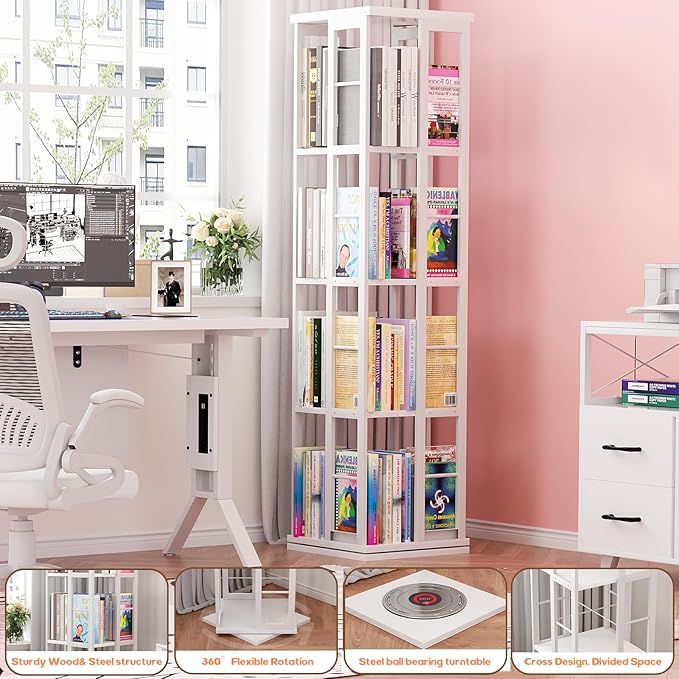 Aheaplus Rotating Bookshelf, 4-Tier Corner Bookshelf, 360 Display Wood Spinning Bookshelf, Floor Standing Bookcase Narrow Shelf Revolving Organizer Storage Rack for Small Space, Study Room, White