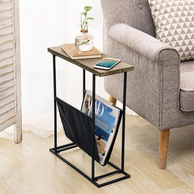 MyGift 21-Inch Modern Narrow Living Room End Table with Hand Torched Solid Wood Tabletop and Black Metal Frame, Bedroom Nightstand Side Table with Magazine Holder Sling