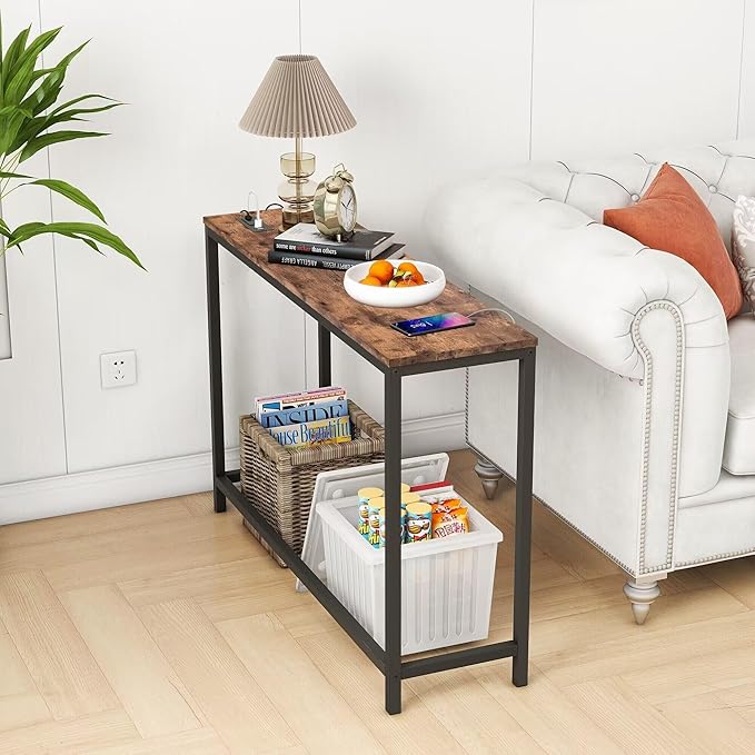 HOMERECOMMEND Console Table with Power Outlets and USB Ports,Sofa Tables with Charging Station,for Hallway, Entryway,Behind Couch Table,Rustic Brown