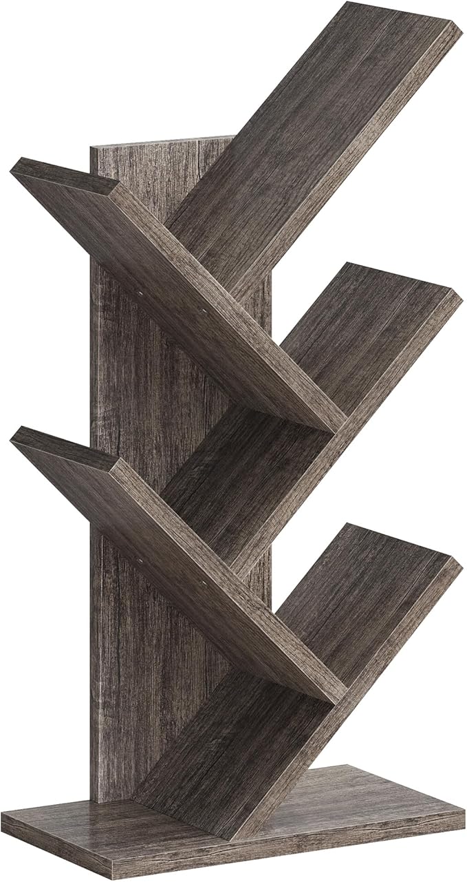 Hoctieon 4 Tier Tree Bookshelf, 4 Shelf Bookcase, Free Standing Tree Bookcase, Display Floor Standing Shelf for Books, Book Organizer Shelves for Home Office, Living Room, Bedroom, Grey