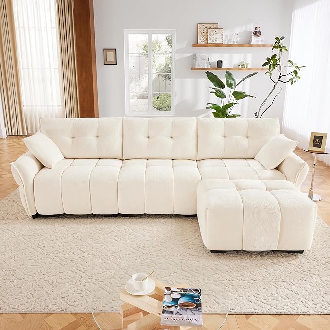 Modern Chenille Fabric 3-Seat Sofa w/Ottoman+2 Pillows, Premium Upholstery Living Room Couch with Tufted Backrest & Comfortable Armrests and High-Resilience Memory Foam Cushions,White