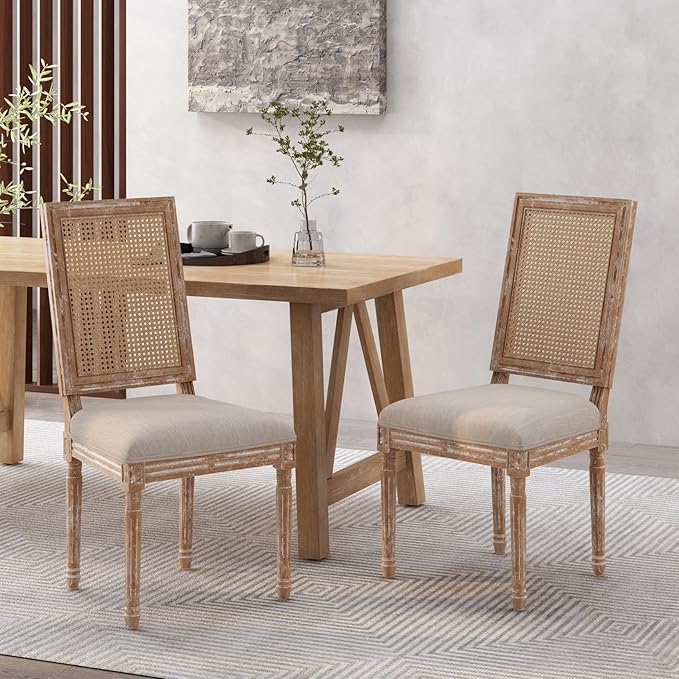 Merax Upholstered Solid Wood Dining Chairs Set of 2, French Country Style Accent Side Seating Furniture for Kitchen, Living Room, Wicker Back, Beige