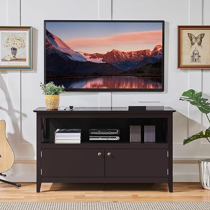 Yaheetech Wooden TV Stand for TVs Up to 48 inch, Media Entertainment Center Table, TV Cabinet Table with Storage Open Shelf & 2 Doors for Living Room, Espresso