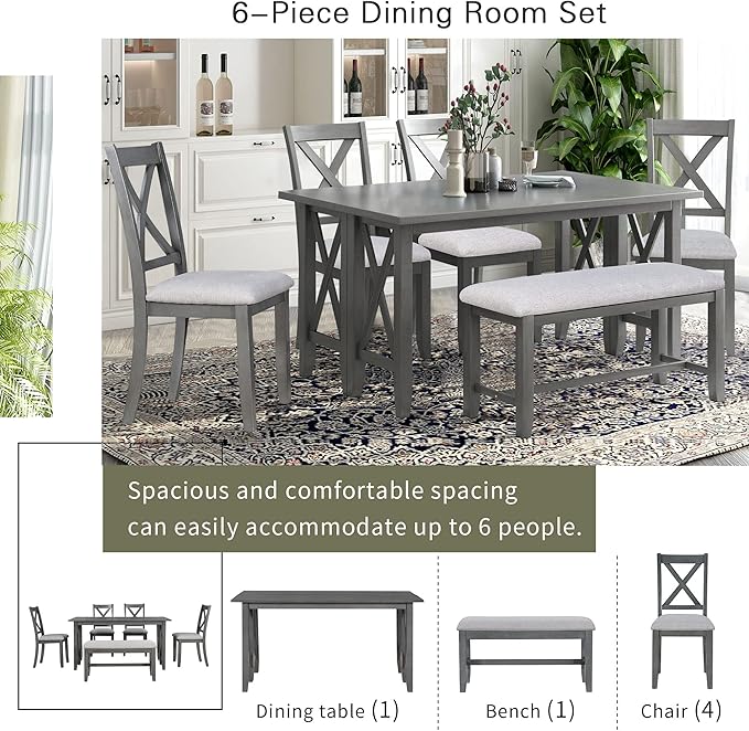 Ball & Cast 6-Piece Dining Table Set, 60" Wood Dining Kitchen Table & Chairs Set, Rectangular Dining Room Foldable Table with 4 Upholstered Chairs & 1 Bench,Perfect for Dining Room, Kitchen, Gray