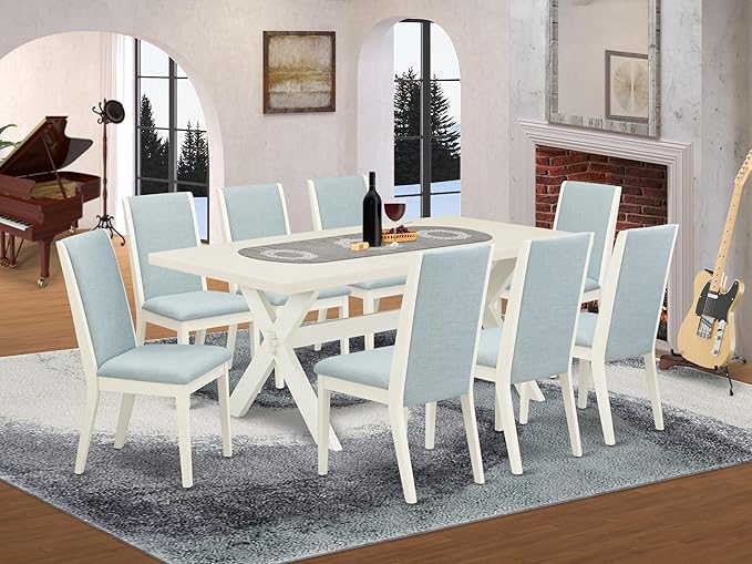 East West Furniture X027LA015-9 9 Piece Dining Set Includes a Rectangle Dining Room Table with X-Legs and 8 Baby Blue Linen Fabric Upholstered Parson Chairs, 40x72 Inch, Multi-Color
