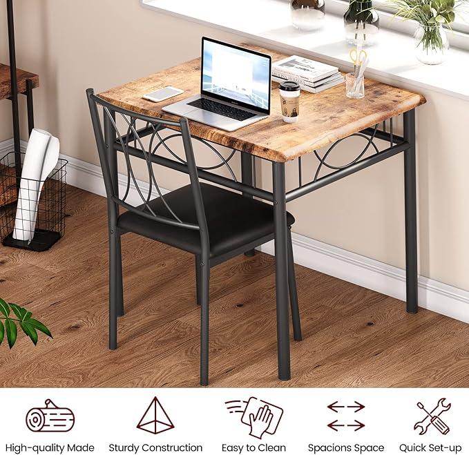 CABIHOME Dining Table Set for 2, 3 Piece Kitchen Table Set with 2 Upholstered Chairs, Square Kitchen Table Set for Small Space, Apartment, Dining Room, Retro Brown