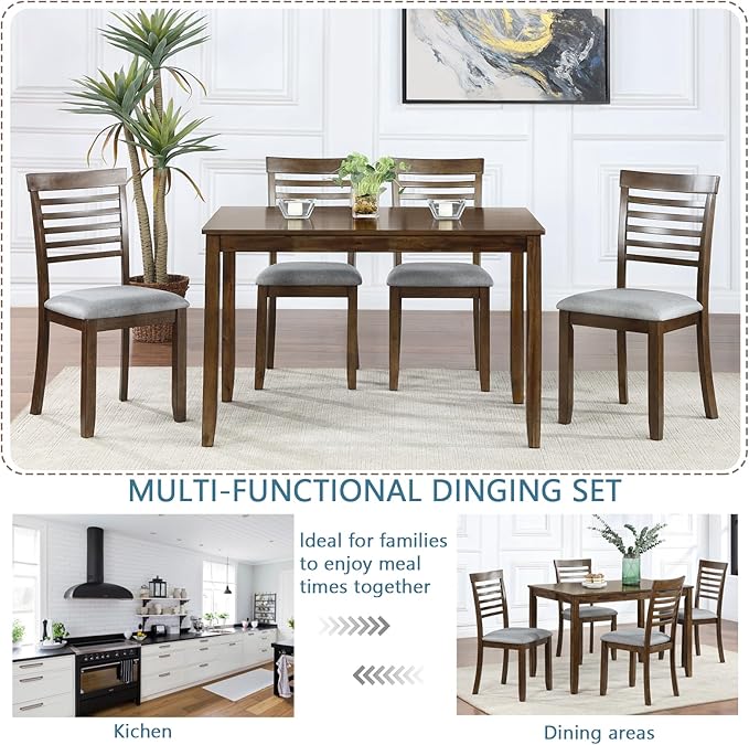 KEIKI 5-Piece Standard Height Dining Table Set with Rectangular Table and 4 Upholstered Ladder Backrset Chair, for 4 Person, Modern Wooden Table Set, Easy Assembly, for Kitchen, Dining Room, Walnut