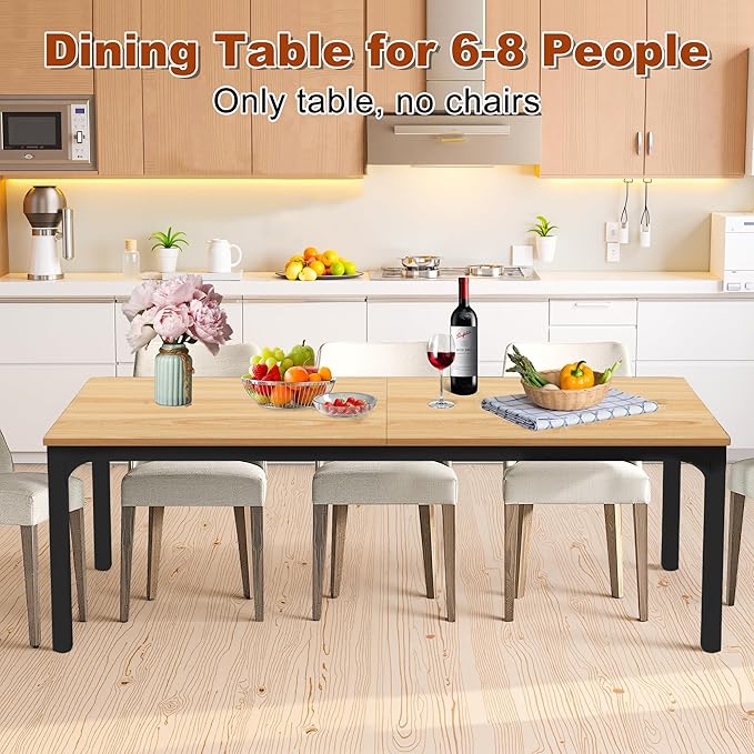 Rectangular Dining Table for 6-8, 78-Inch Modern Dinner Table Wooden Kitchen Tables with Metal Frame for Dining Room, Kitchen, Living Room, Light Walnut