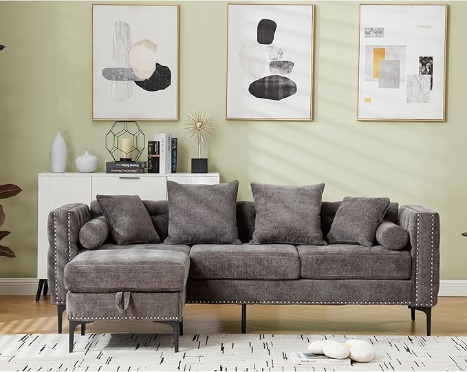 Ball & Cast 85" L Shaped Sectional Sofa with Storage Ottoman, Morden 3 Seater Tufted Couch with Nailhead Trim and Metal Legs for Living Room, Apartment, Office, Dark Gray