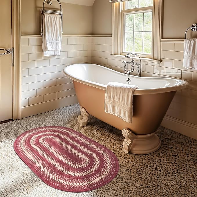 Autumn Maple Burgundy and Tan Braided Oval Rug, Jute, 20x30 - Rustic Primitive Decor for Entryway, Kitchen, Everywhere