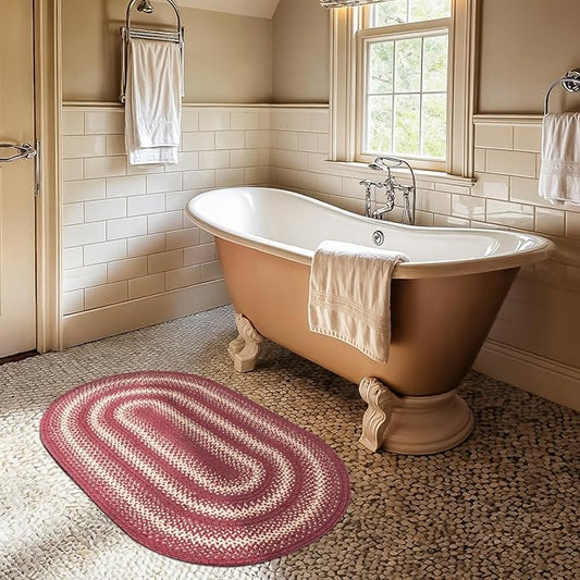 Autumn Maple Burgundy and Tan Oval Braided Rug, Jute, 2x3' - Rustic Primitive Decor for Entryway, Kitchen, Everywhere