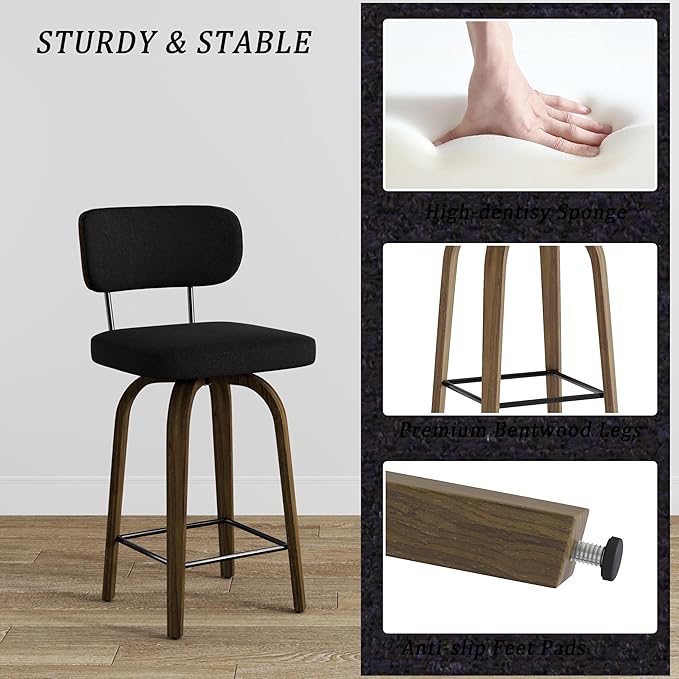 Swivel Counter Height Bar Stools with Back Set of 2, 26" Fabric Upholstered Kitchen Bar Stools with Wood Legs and Metal Footrest for Kitchen Island (Black Fabric)