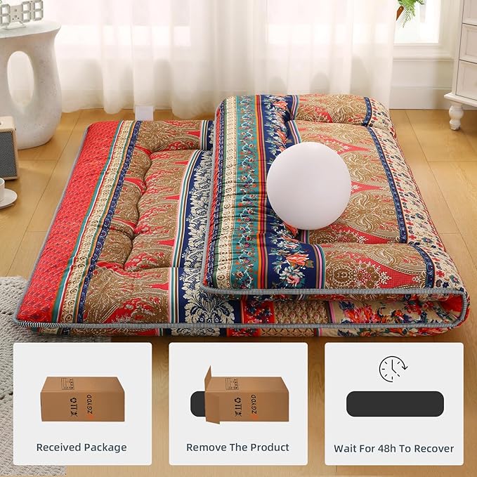 Bohemian Retro Japanese Floor Mattress, Vintage Floral Tatami Floor Mat, Portable Roll up Futon Mattress for Guest,Tavel (A,Twin 80" x 36")