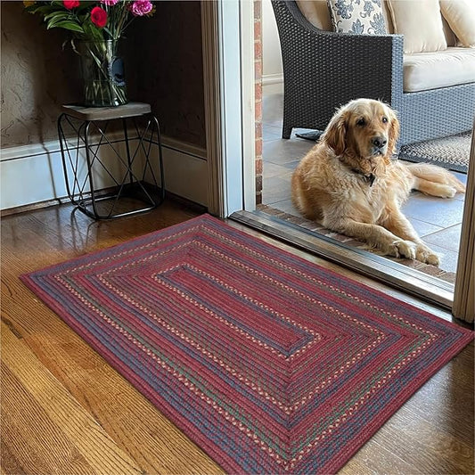 Jamestown Burgundy Small Braided Rug, Jute, 2x3' Rectangle - Rustic Primitive Decor for Kitchen, Bathroom, Everywhere