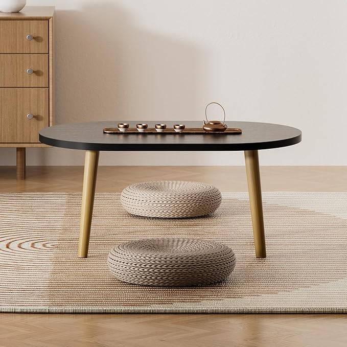 Small Coffee Table for Small Space, Low Table, Floor Table Desk for Sitting on The Floor, Japanese Coffee Table for Living Room, Tatami Tea Tables with Solid Wood Legs, Oval Coffee Tables, Black