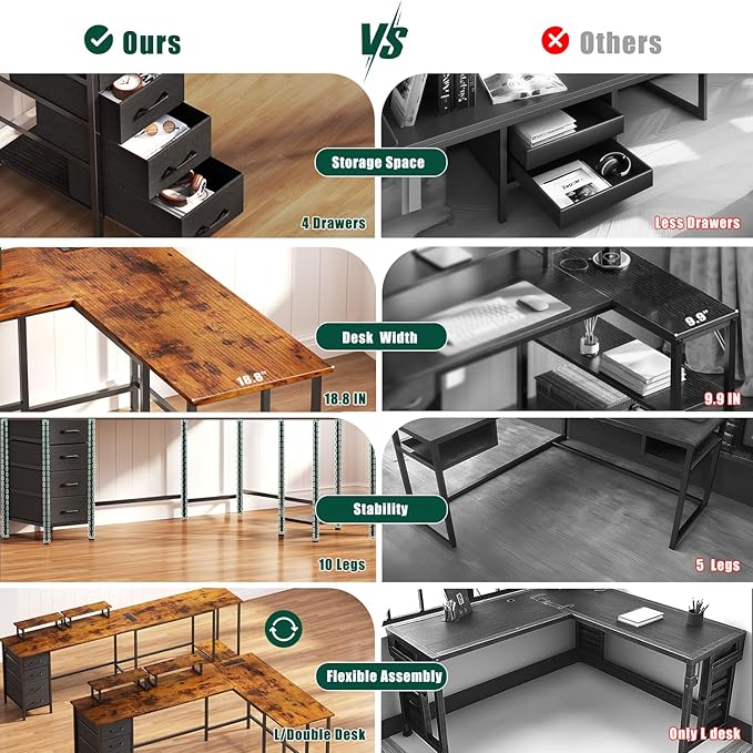 66" L Shaped Computer Desk with Power Outlets, Home Office Desk with 4 Adjustable Storage Drawers & 2 Monitor Stands, Large Two Person Gaming Table for Writing Study, Rustic Brown