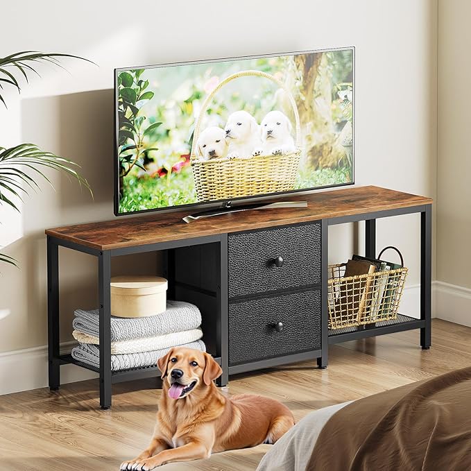 TV Stand for TVs up to 55", Entertainment Center with 2 Fabric Drawer, Media Console with Shelves, Television Stands for Living Room, Bedroom, Rustic Brown and Black DS02BR