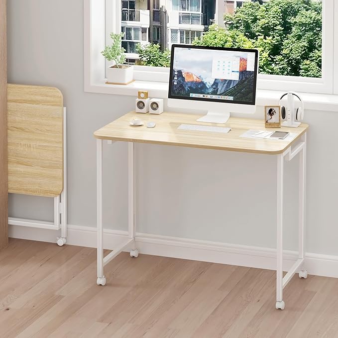 JSB Small Folding Computer Desk with Storage Bag and Hook Writing Modern Industrial Work Table Laptop for Home Office White (Natural & White, 27.6")