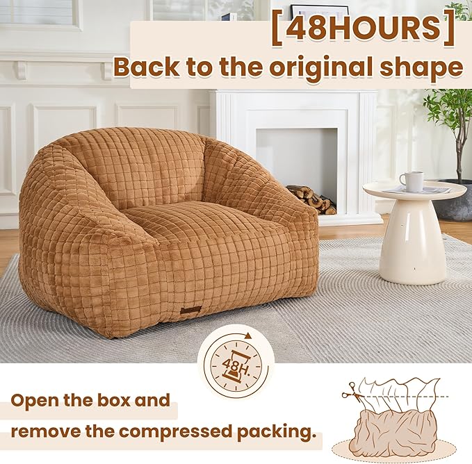 Bean Bag Chairs for Adults, Giant Beanbag Sofa Comfy Reading Chair, Oversized Bean Bag Chairs for Living Room Bedroom, Soft Faux Fur Fabric, 3.2FT, Khaki, Checkered
