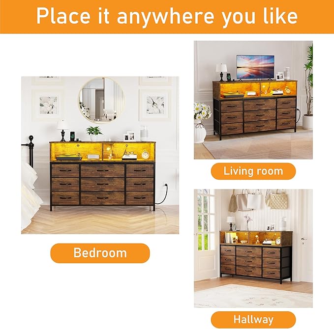 Dresser for Bedroom, Led Dresser TV Stand with Power Outlets and LED Lights, Long Fabric Dressers Wide Chest of Drawers with Large Organizer for Living Room, Entryway, Hallway,Rustic Brown