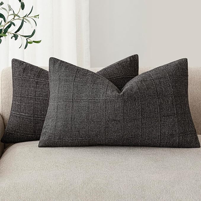 Foindtower Set of 2 Decorative Linen Check Throw Pillow Covers Neutral Farmhouse Lumbar Cushion Covers Modern Boho Home Decor for Sofa Chair Couch Bedroom Living Room Outdoor,12×20 Inch,Charcoal